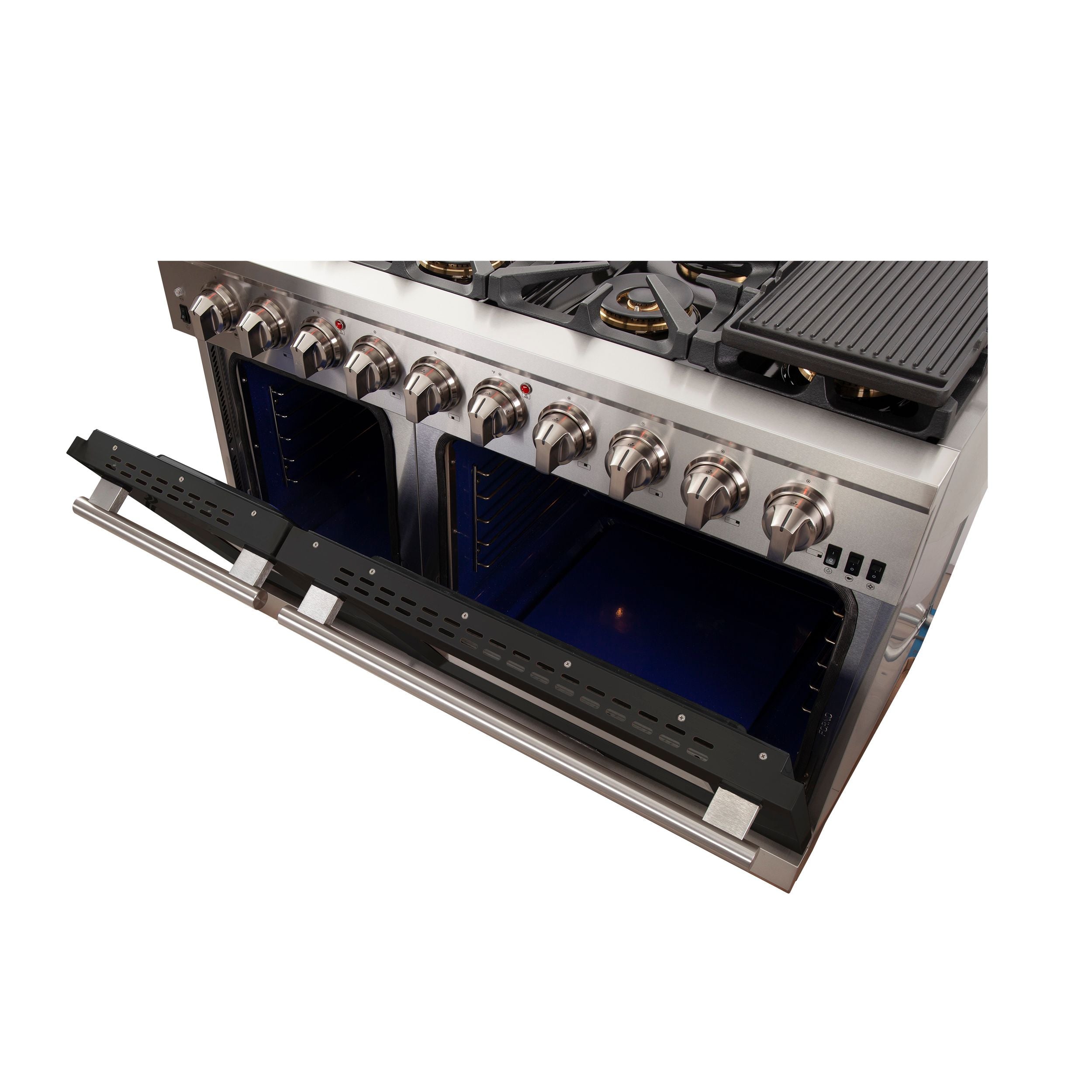 Lower oven compartment with stainless interior, blue flame inside, and control area