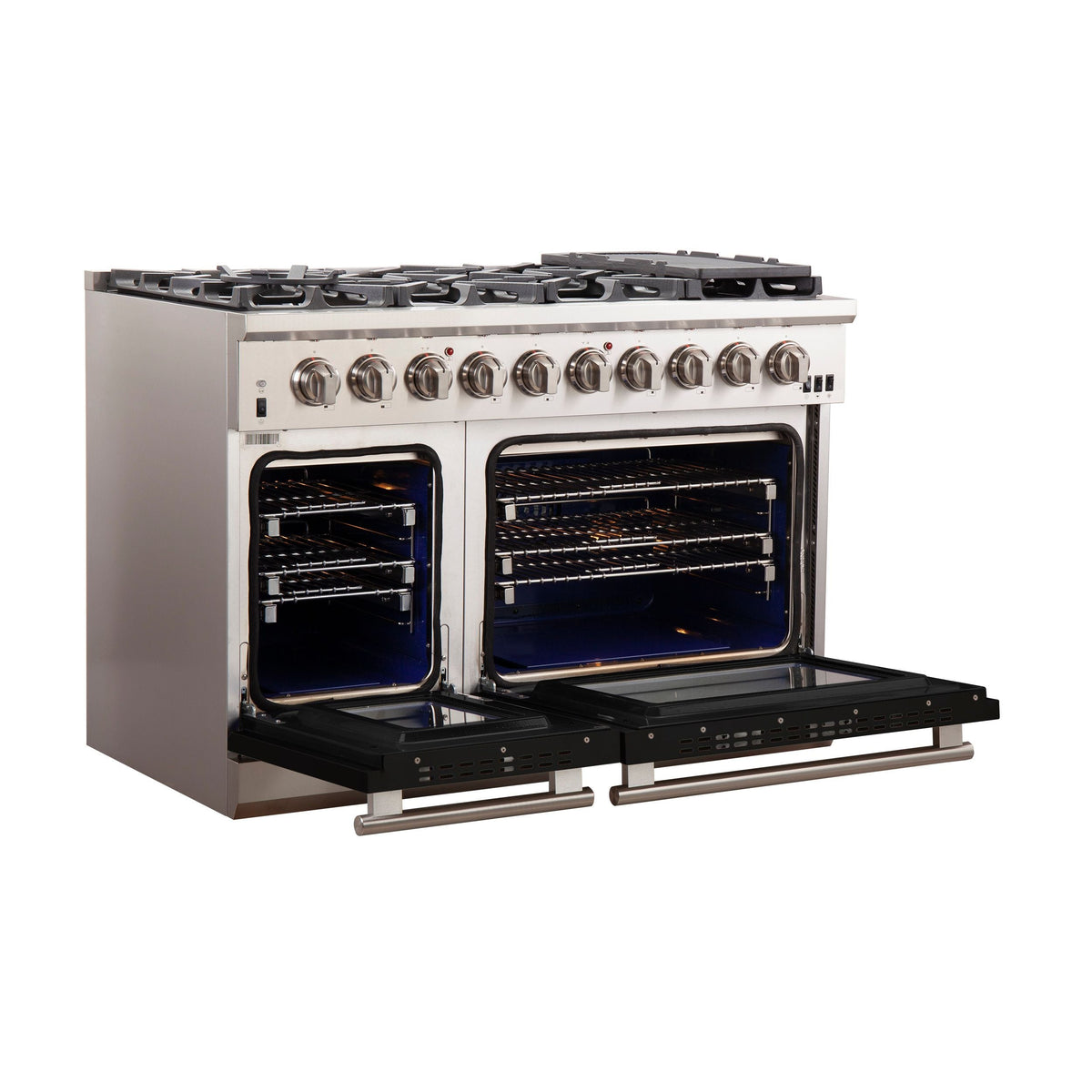 48-inch stainless steel gas range with both oven doors open and racks pulled out