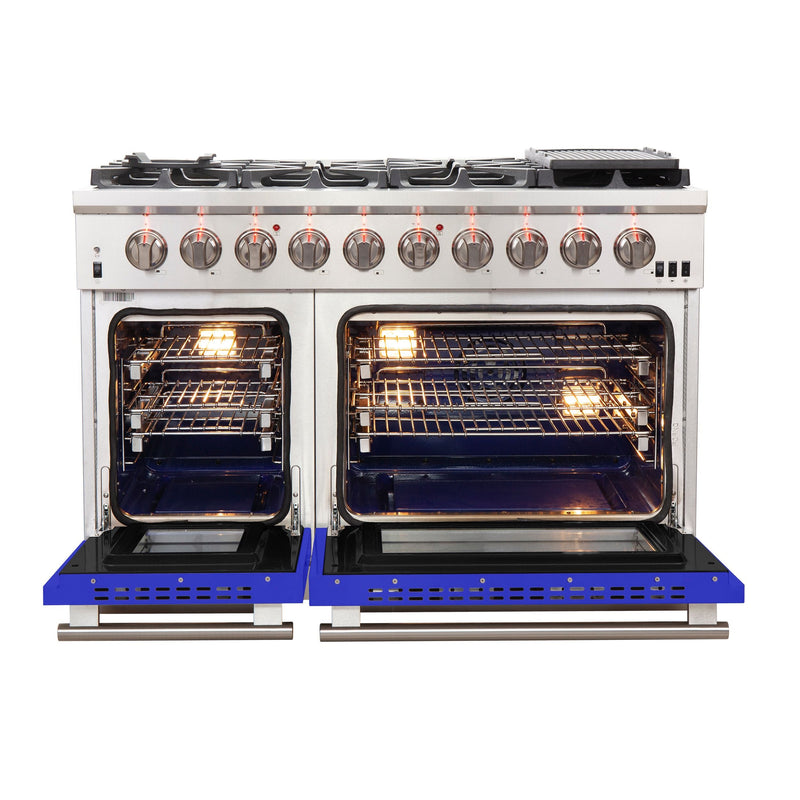 Forno 48" Capriasca Gas Range with 8 Gas Burners and Convection Oven in Stainless Steel with Blue Door (FFSGS6260-48BLU) Ranges Forno 