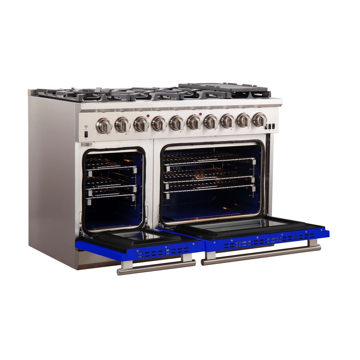 Stainless gas range with two open ovens and blue warming drawers