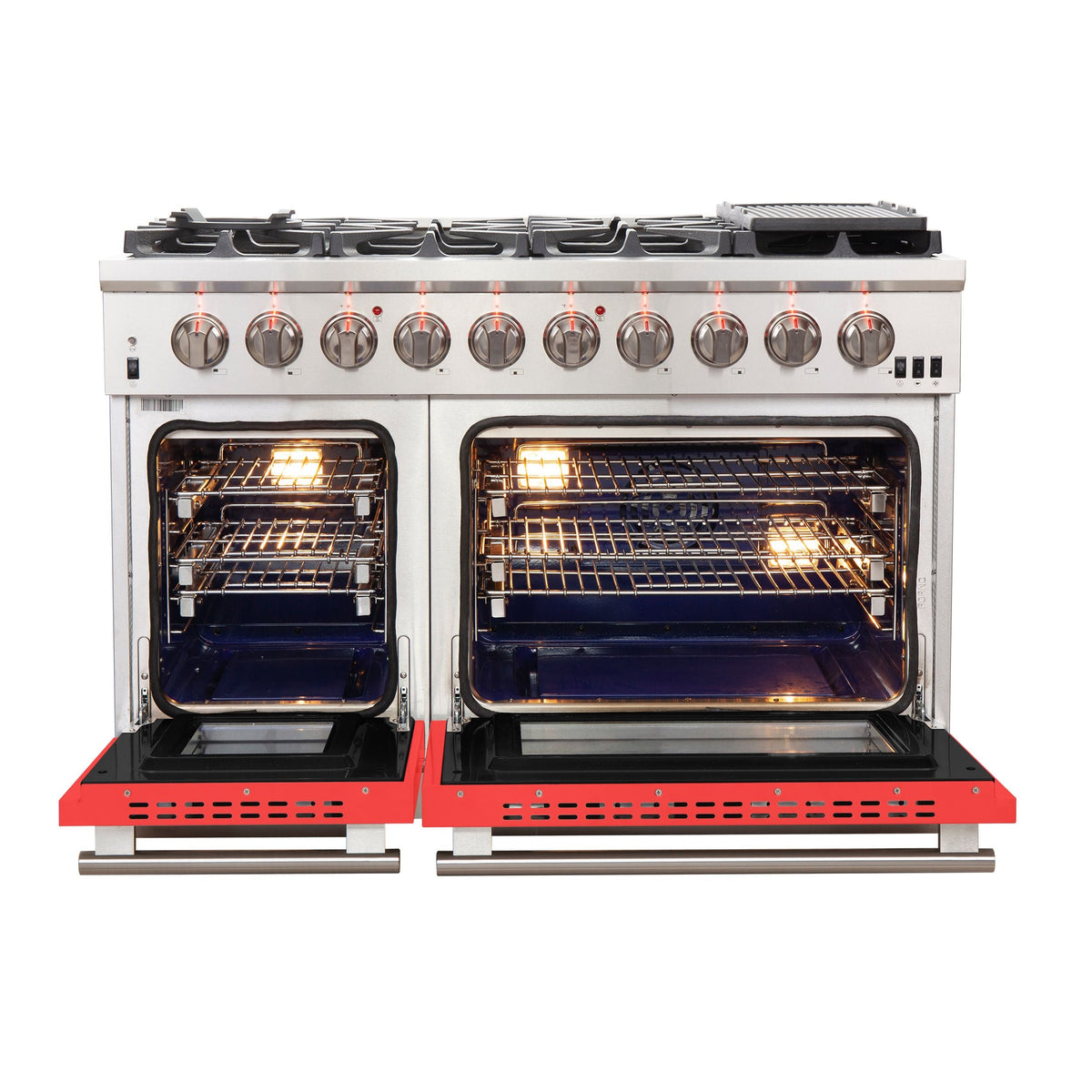 Gas range with both oven doors open, racks inside, and red vented kick plate