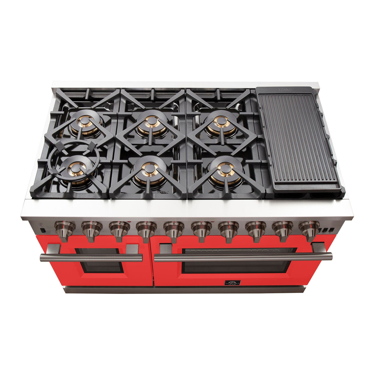 Stainless steel gas range cooktop with black grates, multiple burners, and ridged griddle