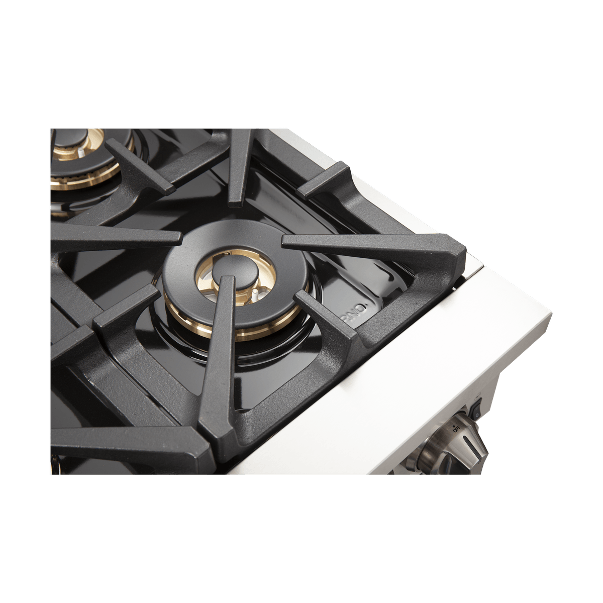 Stainless steel gas range cooktop with black burner grates and control knob area