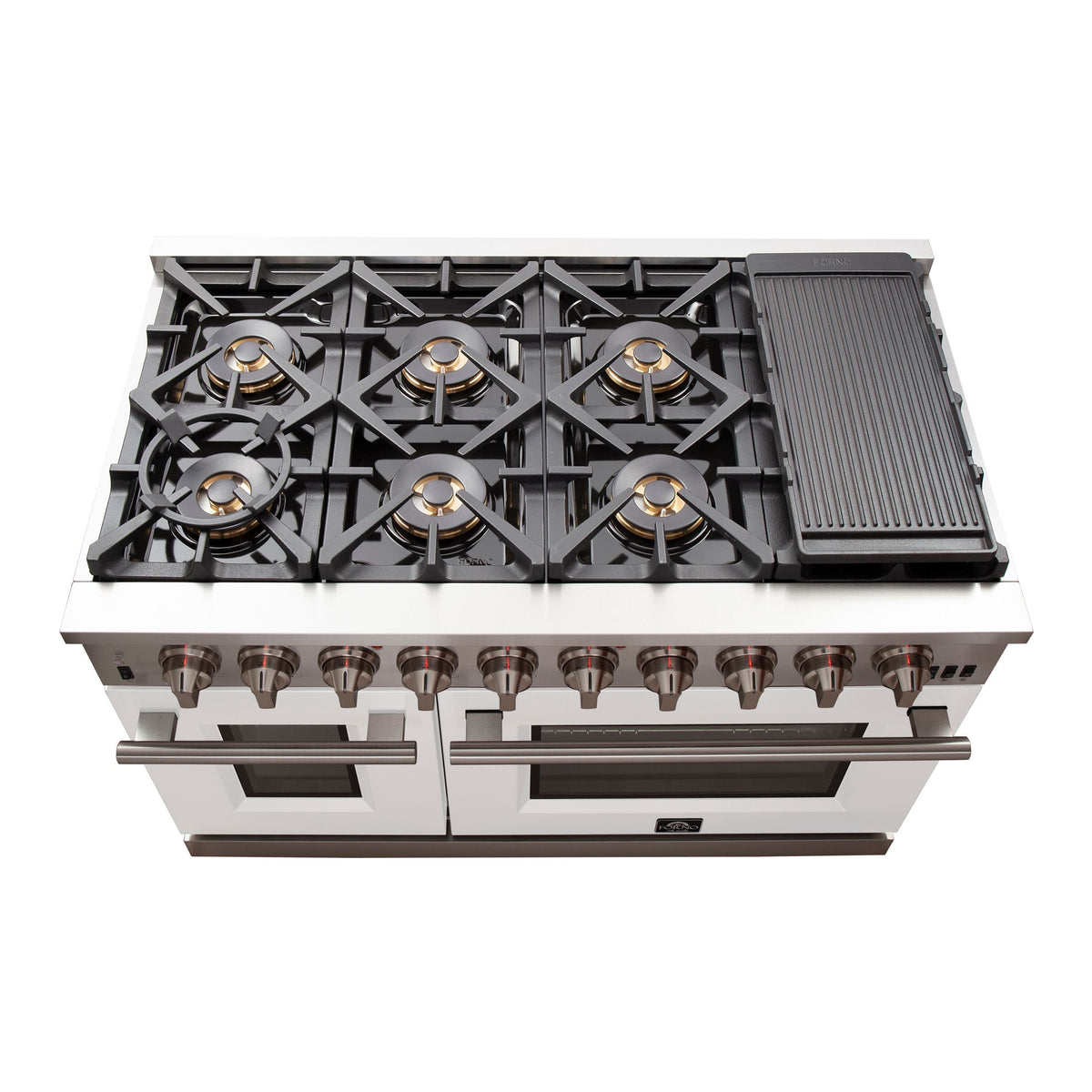 Stainless steel gas range cooktop with multiple burner grates and right griddle insert