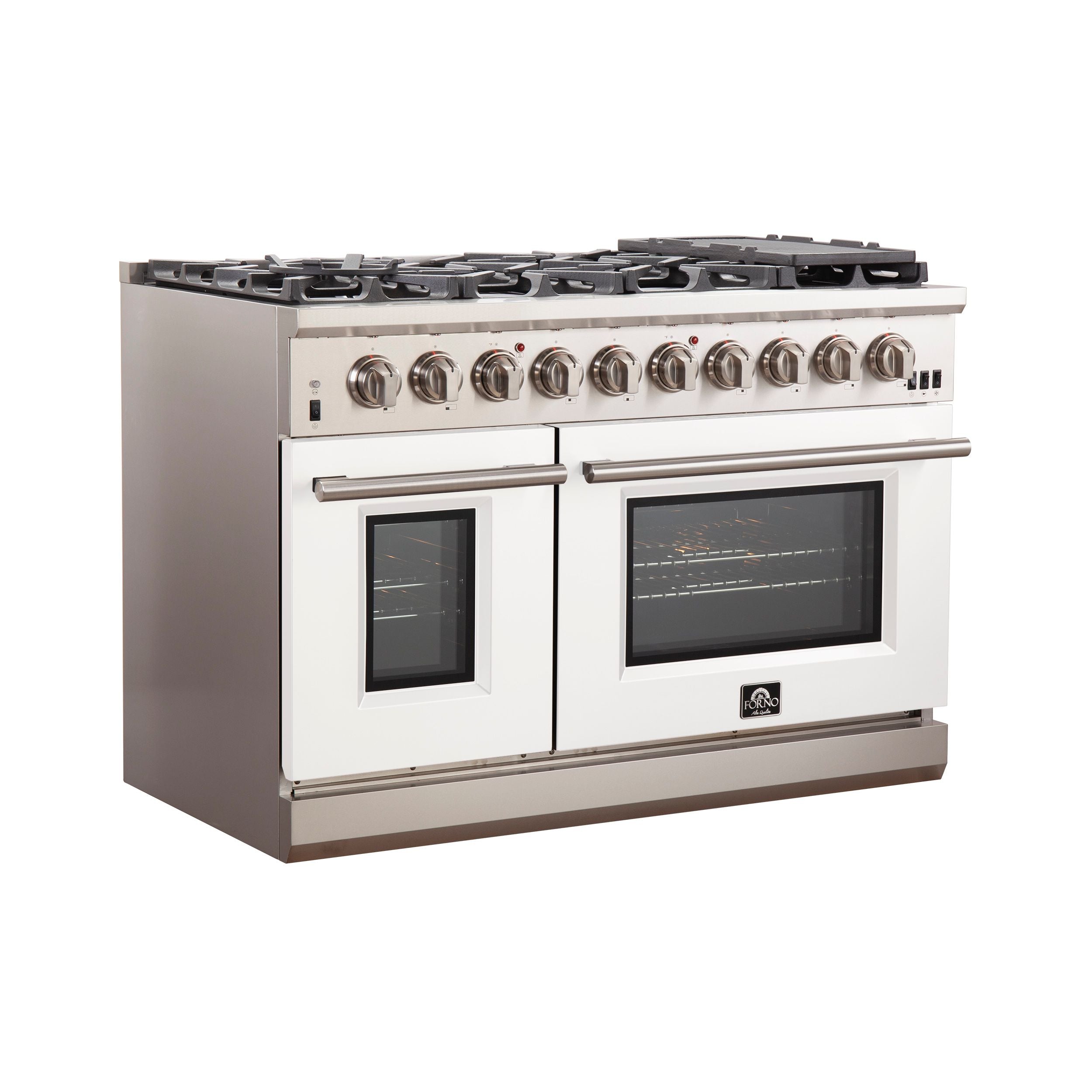 Stainless steel gas range side view with top burner knobs and white front oven doors