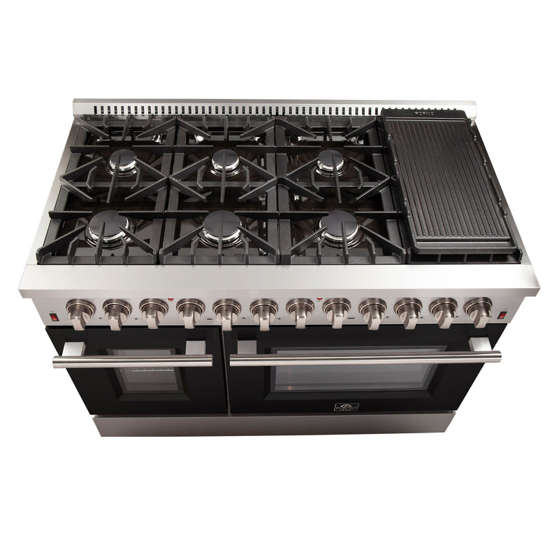 Forno 48" Galiano Dual Fuel Range with 8 Gas Burners and 240v Electric Oven in Stainless Steel with Black Door (FFSGS6156-48BLK) Ranges Forno 