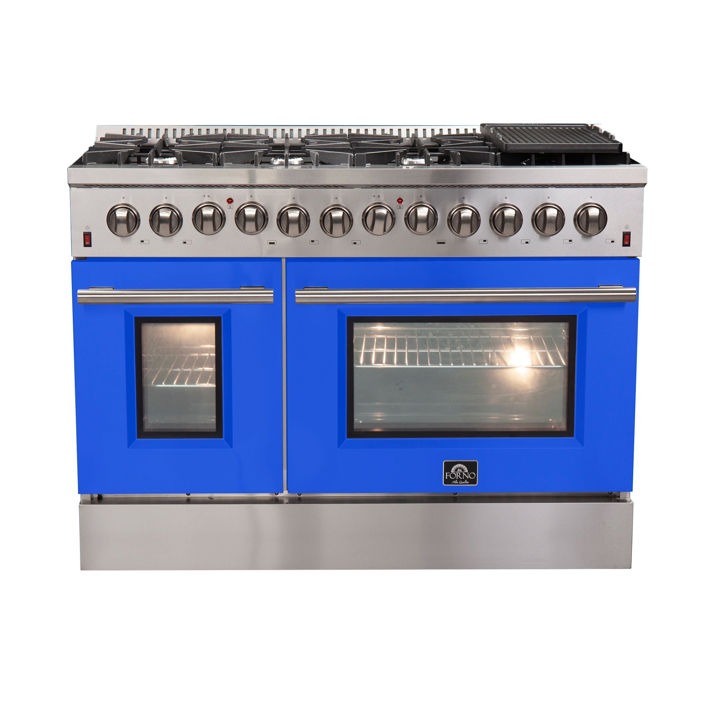 Stainless steel dual fuel range with blue doors, windowed ovens, and front control knobs