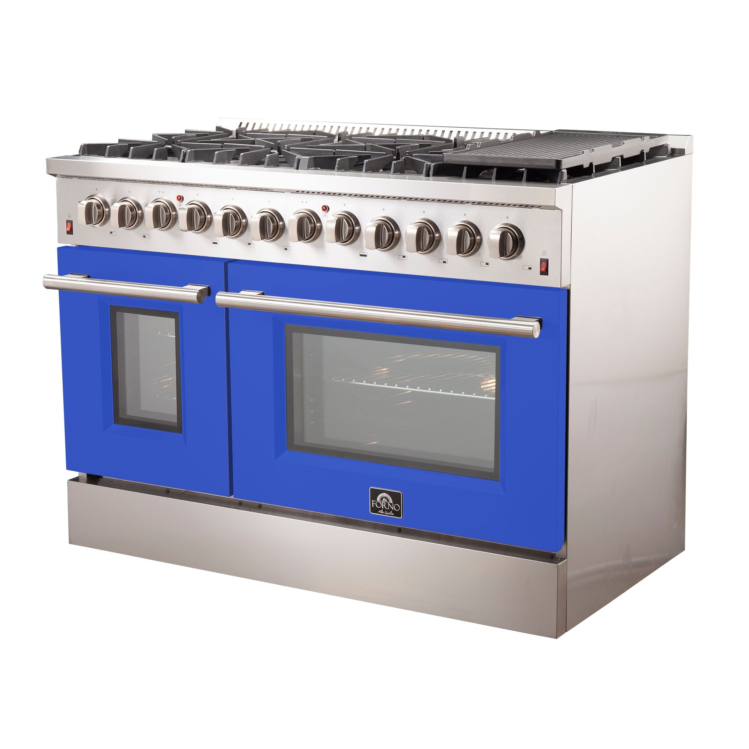 Stainless steel dual fuel range with blue doors, glass windows, and front burner controls