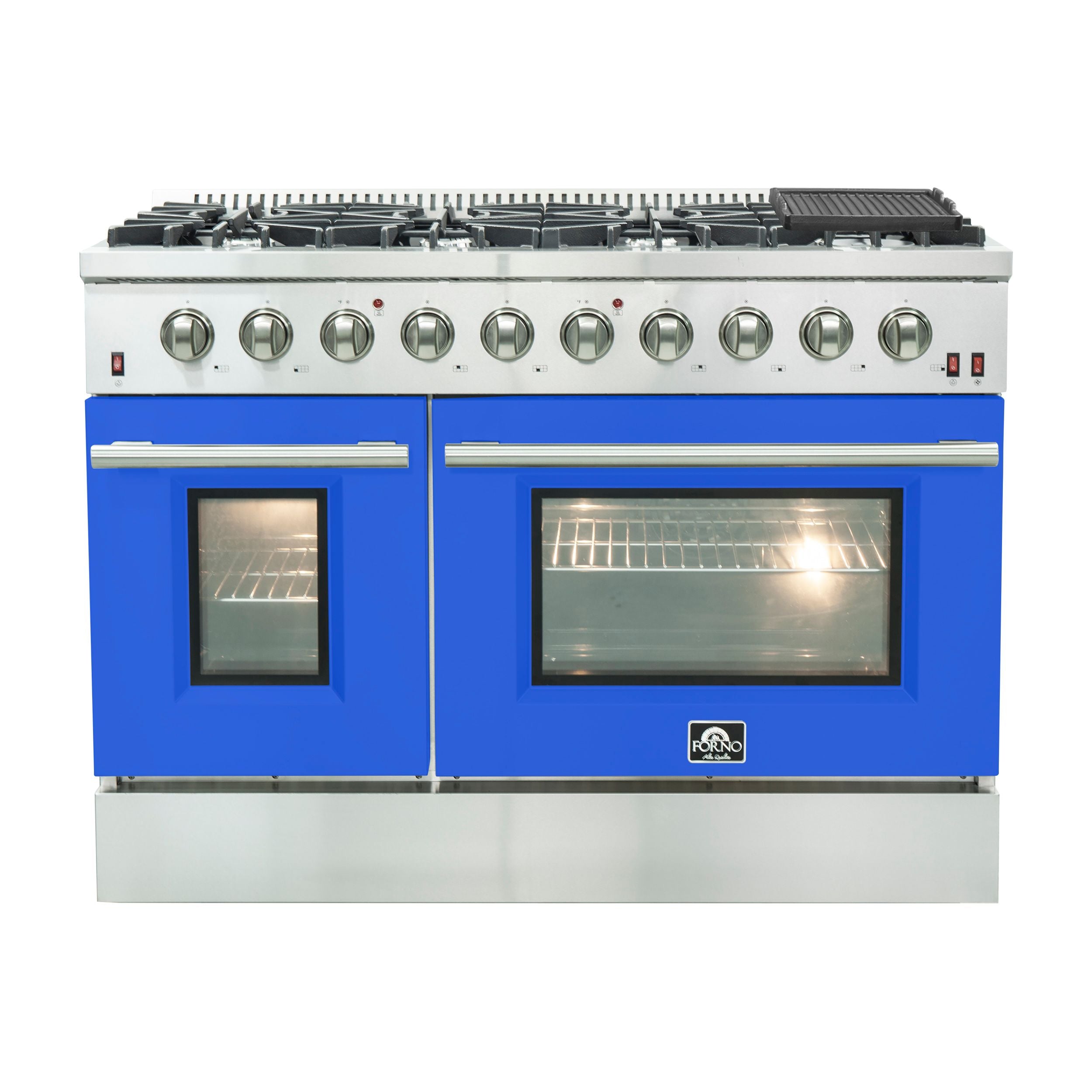 Stainless steel gas range with blue oven doors, dual windows, and front knobs