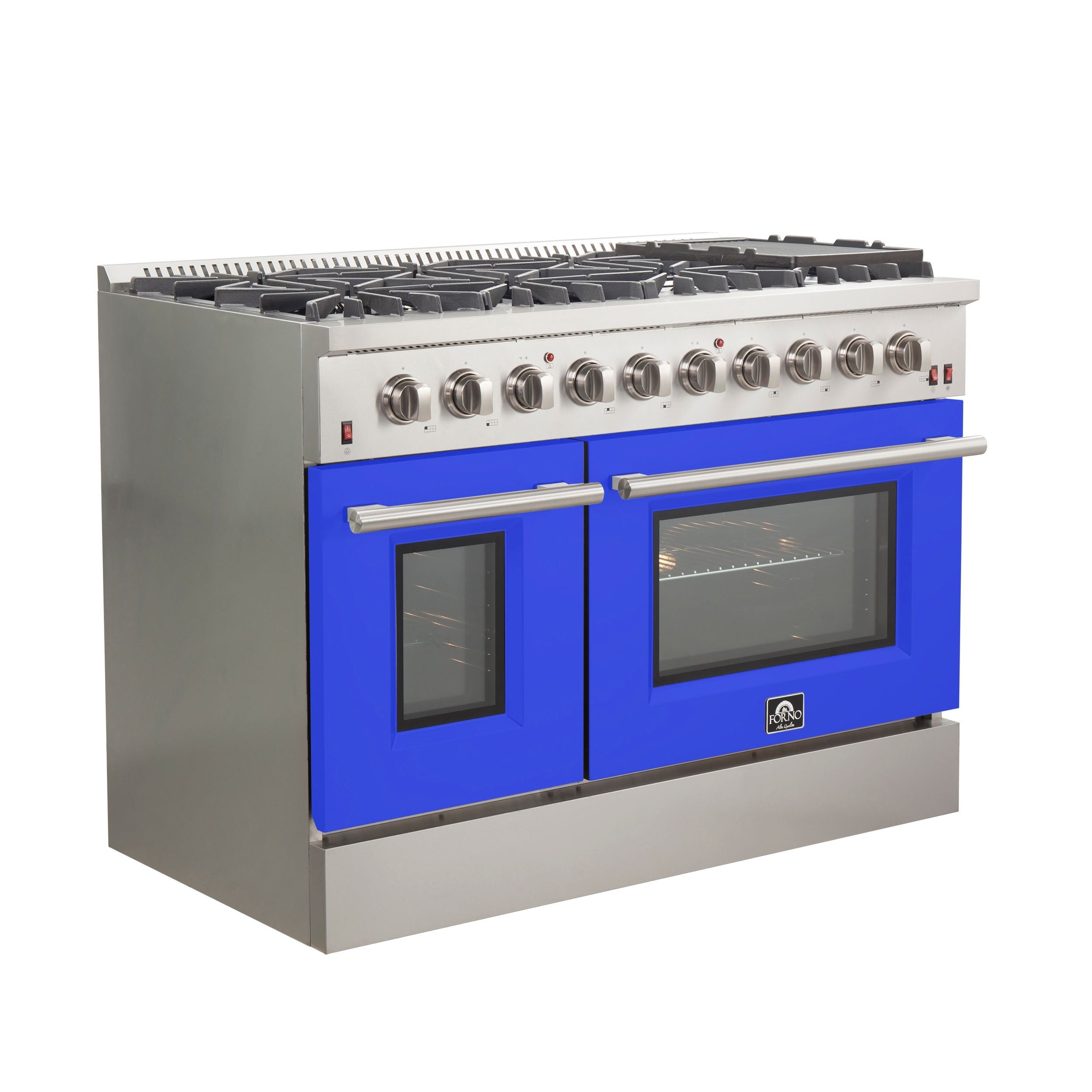 Stainless steel gas range with griddle and two blue oven doors, side view