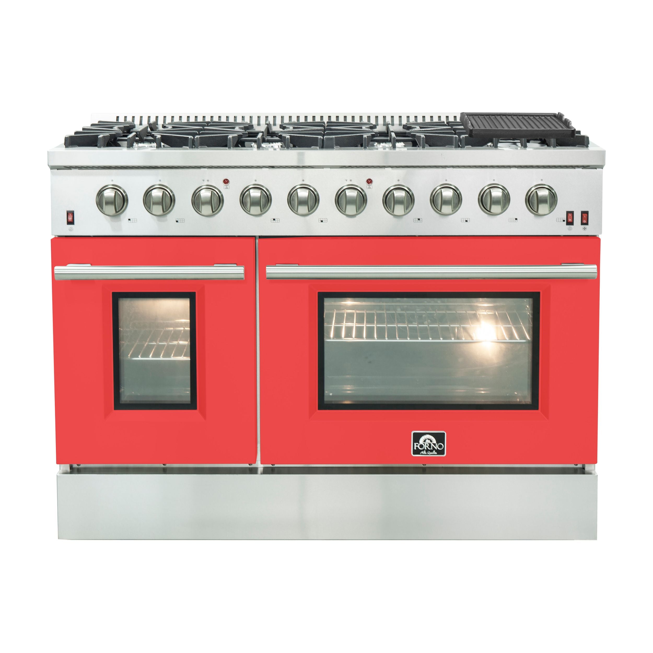 Stainless steel gas range with eight burners and red oven doors, front view.