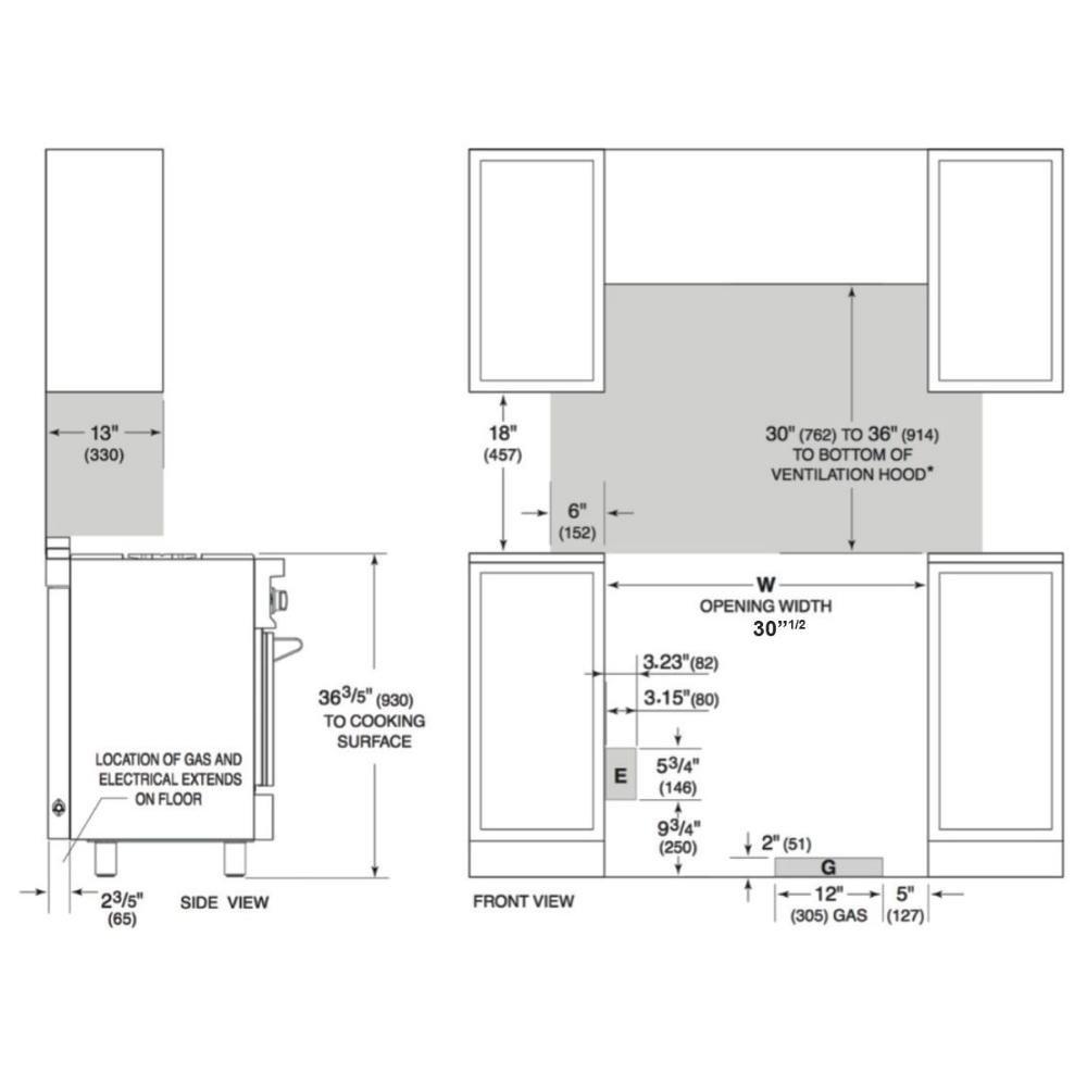 30-inch gas range installation dimension diagram with vent hood and utility locations