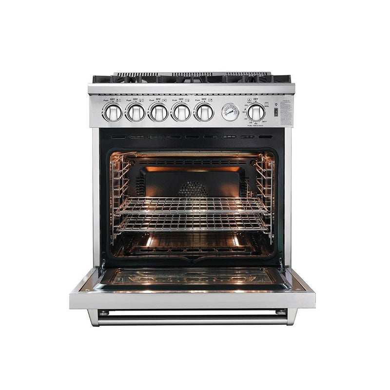 Forno 5-Piece Appliance Package - 30" Gas Range, 36" Refrigerator with Water Dispenser, Wall Mount Hood with Backsplash, Microwave Oven, & 3-Rack Dishwasher in Stainless Steel Appliance Package Forno 