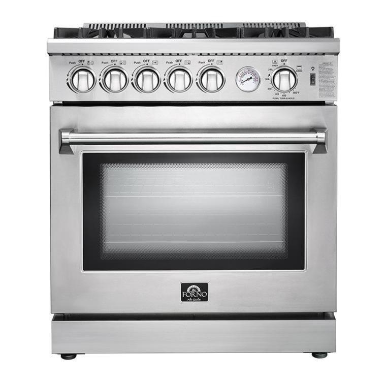 Forno 5-Piece Appliance Package - 30" Gas Range, 36" Refrigerator with Water Dispenser, Wall Mount Hood with Backsplash, Microwave Oven, & 3-Rack Dishwasher in Stainless Steel Appliance Package Forno 