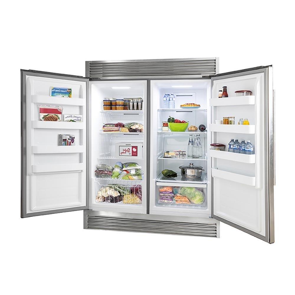 Stainless steel refrigerator with both doors open showing interior shelves and bins