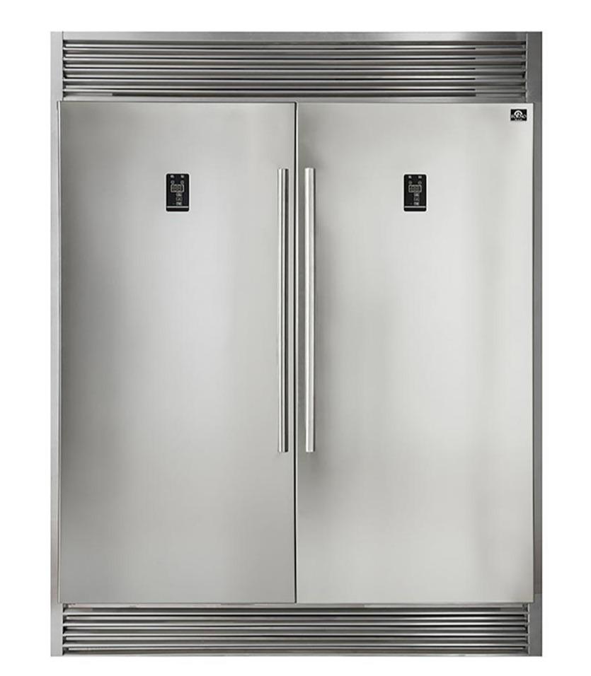 Stainless steel 60-inch pro-style refrigerator with two vertical handles and controls