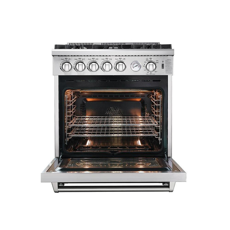 Forno 5-Piece Appliance Package - 30" Gas Range, 56" Pro-Style Refrigerator, Wall Mount Hood with Backsplash, Microwave Drawer, & 3-Rack Dishwasher in Stainless Steel Appliance Package Forno 