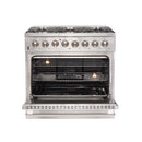 Forno 5-Piece Appliance Package - 36" Dual Fuel Range, 36" Refrigerator with Water Dispenser, Wall Mount Hood with Backsplash, Microwave Drawer, & 3-Rack Dishwasher in Stainless Steel Appliance Package Forno 