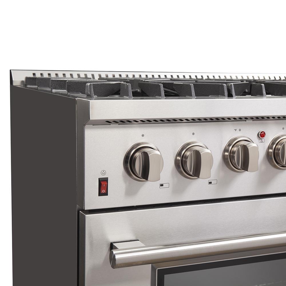 Dual fuel range front control panel with stainless knob controls