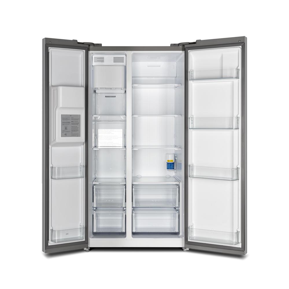 Stainless steel refrigerator with double doors, shelves, and crisper drawers