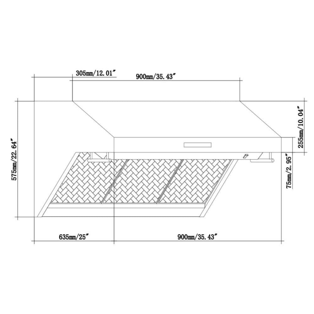 Stainless steel wall mount range hood with integrated backsplash (diagram)