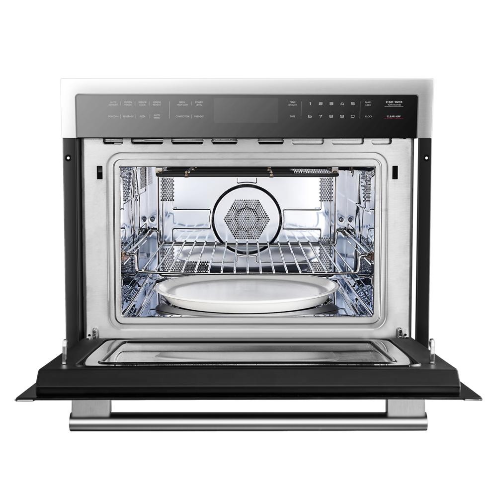 Built-in dishwasher with open door, wire racks, and wash tub interior