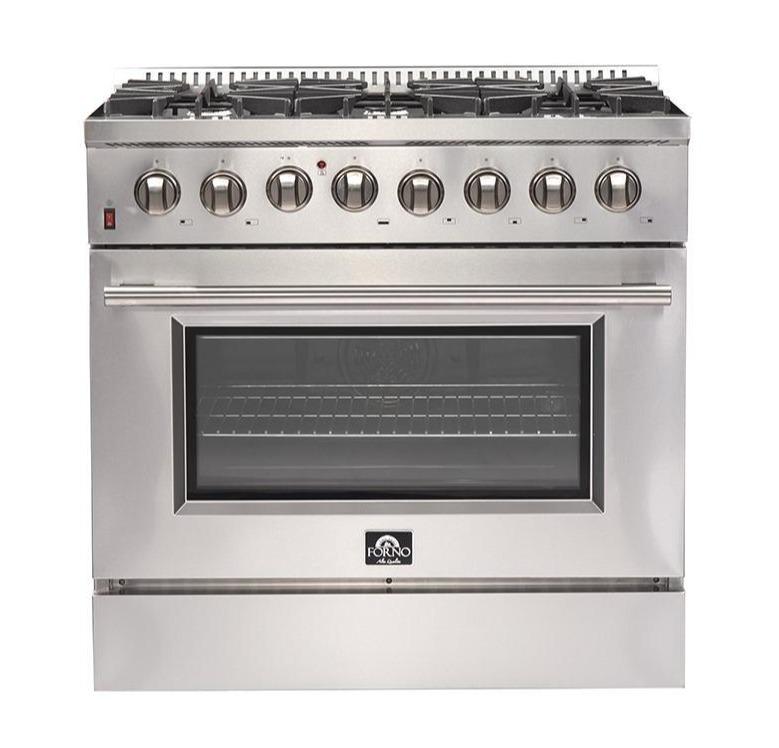 Forno 5-Piece Appliance Package - 36" Dual Fuel Range, 56" Pro-Style Refrigerator, Wall Mount Hood with Backsplash, Microwave Drawer, & 3-Rack Dishwasher in Stainless Steel Appliance Package Forno 