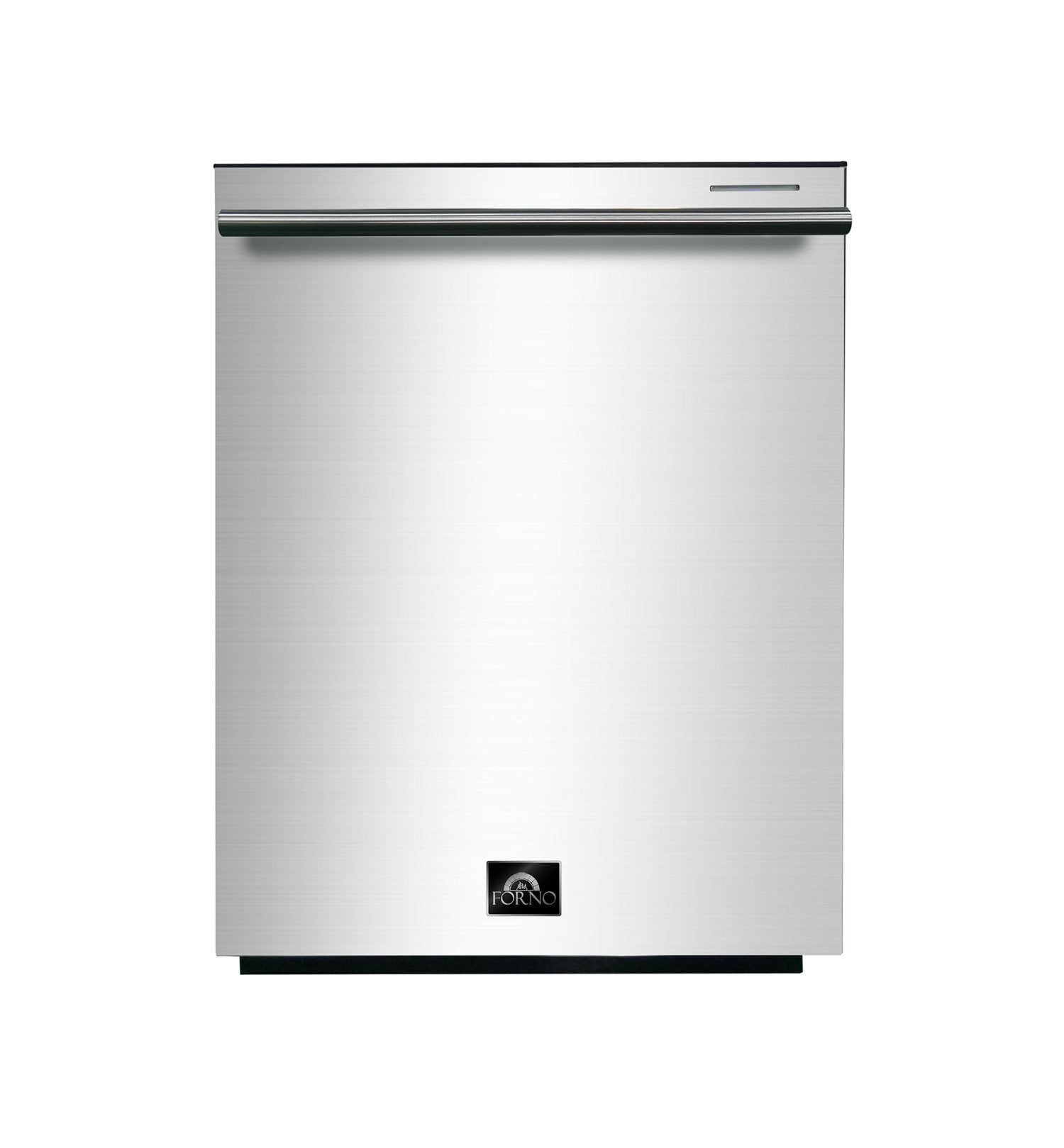 Stainless steel dishwasher door with brand logo at center bottom