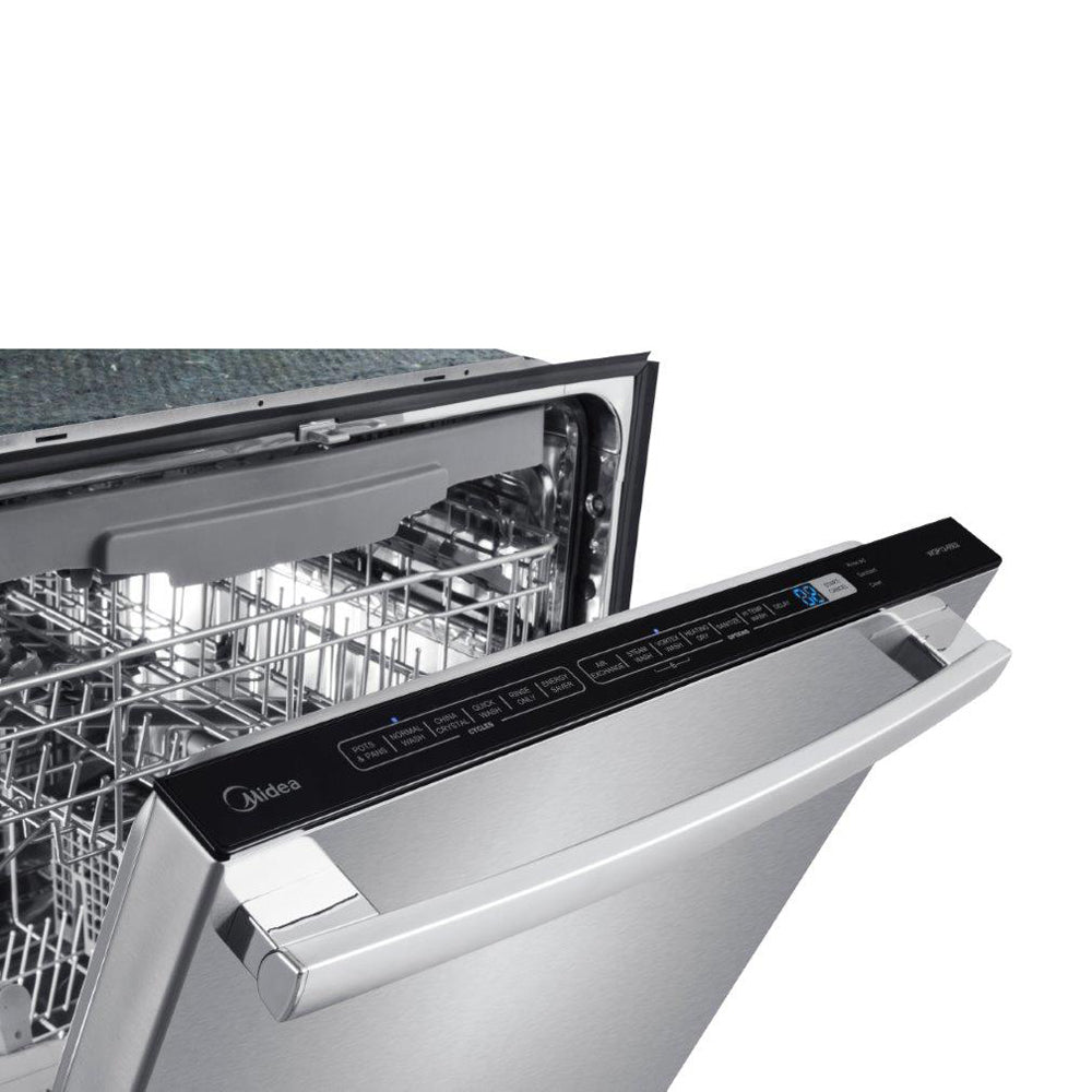 Stainless steel dishwasher with open door, visible racks, and control panel