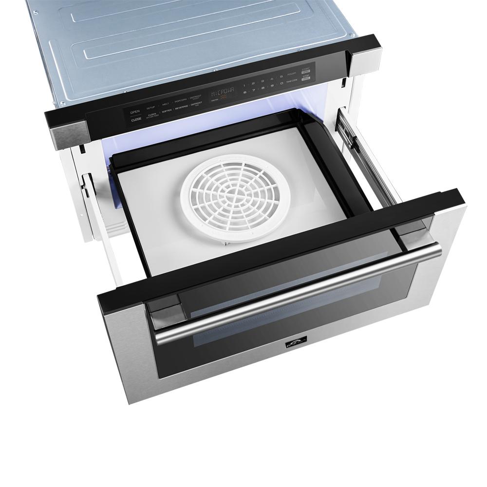 Built-in oven drawer with fan grille inside and side rails
