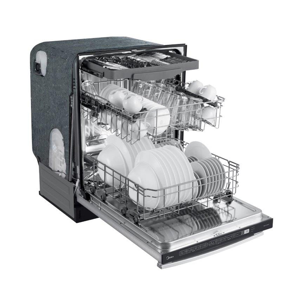 Stainless steel dishwasher interior with stacked racks and dishware