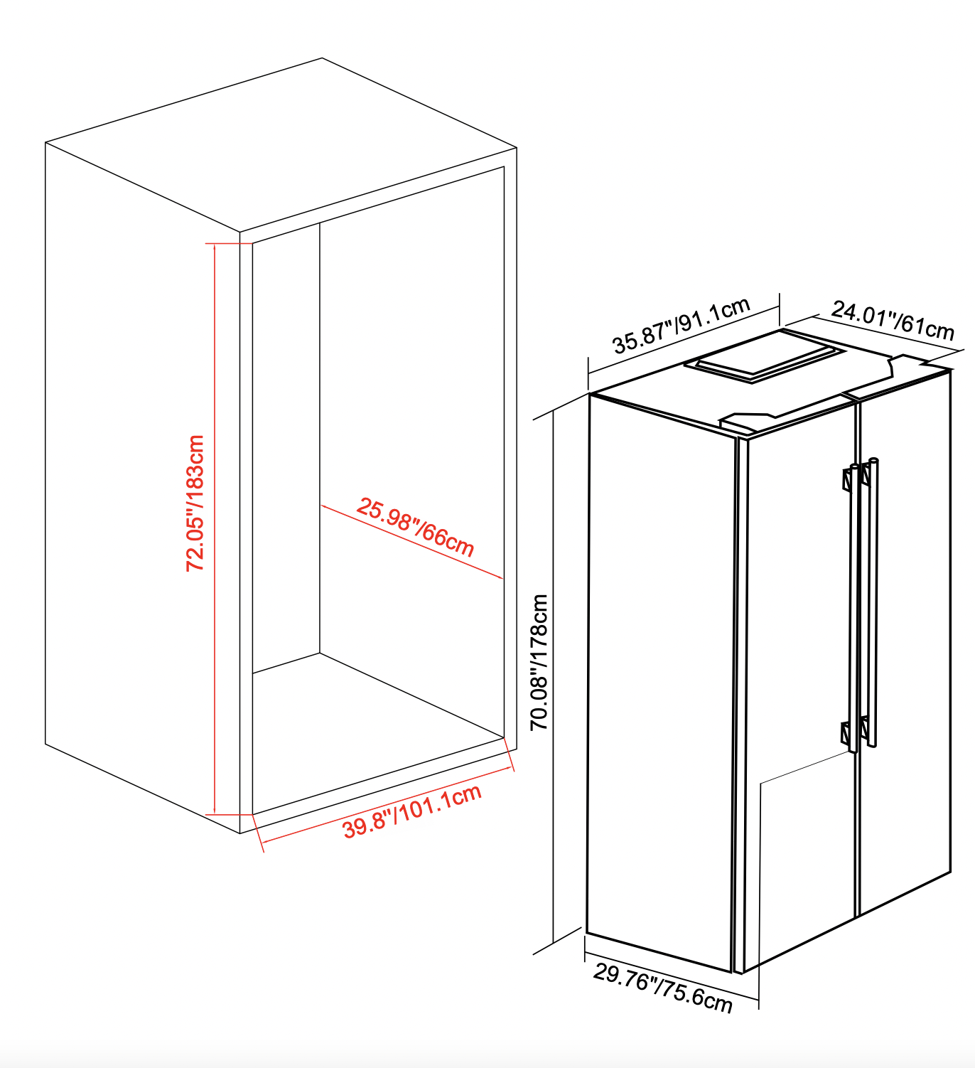Stainless steel refrigerator side view with product dimensions diagram