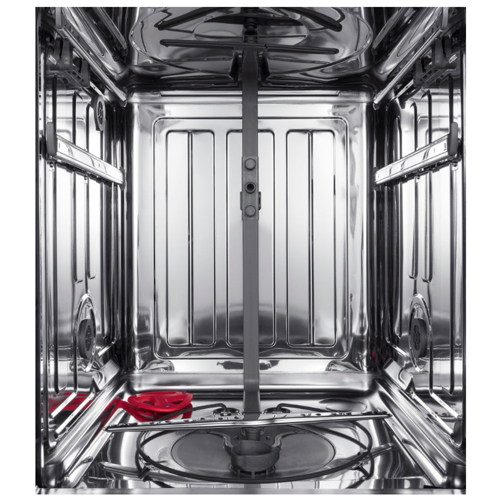 Stainless steel gas range oven interior with burner at the bottom