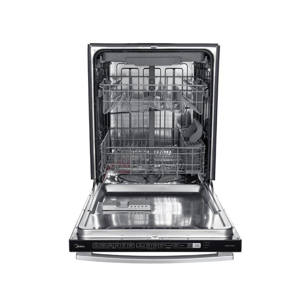 Stainless steel dishwasher door open with racks, spray arms, and baskets