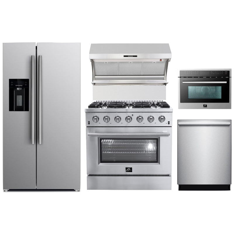 Forno 5-Piece Appliance Package - 36" Gas Range, 36" Refrigerator with Water Dispenser, Wall Mount Hood with Backsplash, Microwave Oven, & 3-Rack Dishwasher in Stainless Steel Appliance Package Forno 