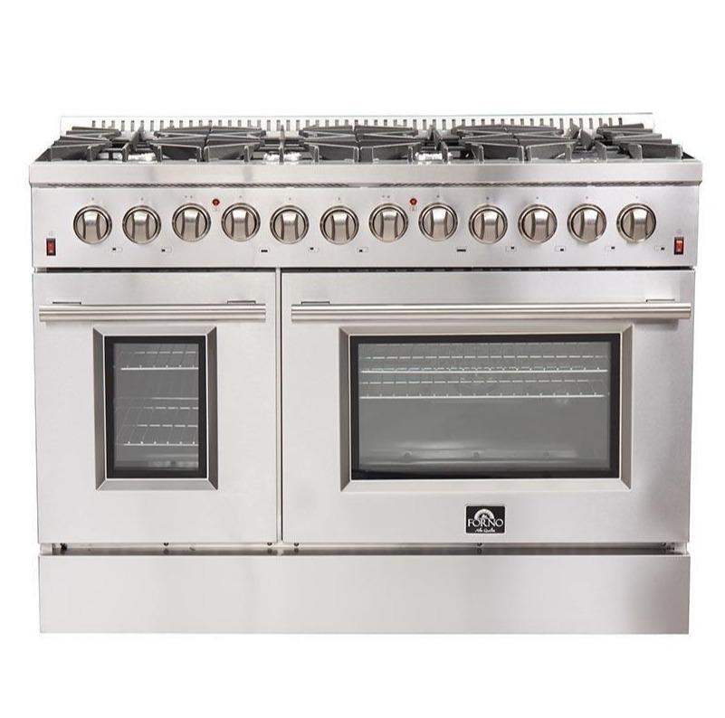Stainless steel dual fuel range with two oven doors and control knobs, Forno