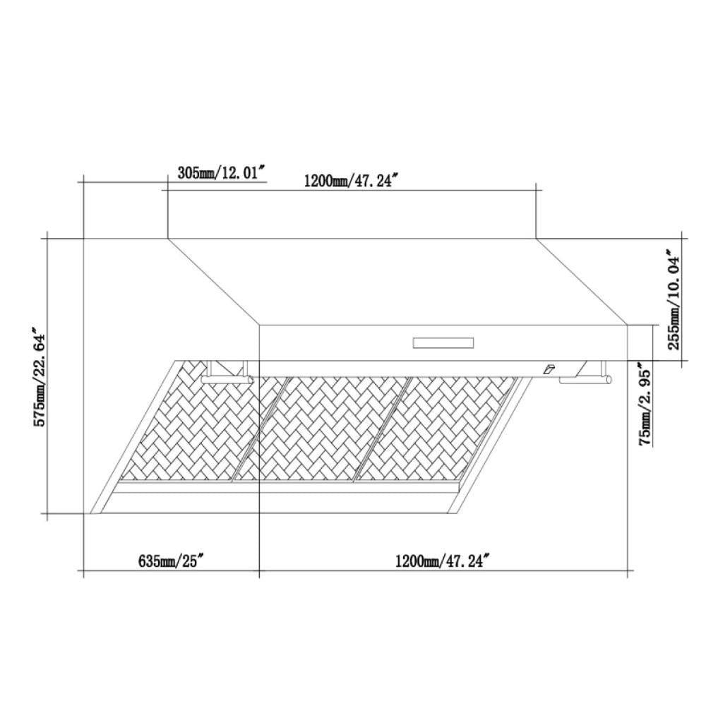 Wall hood technical drawing with measurement callouts and filter section view