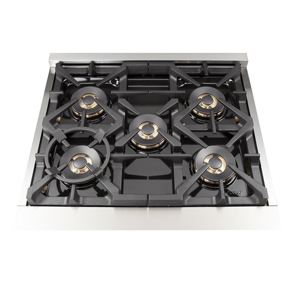 Dual fuel range cooktop with five black grates and five illuminated brass-style burner rings