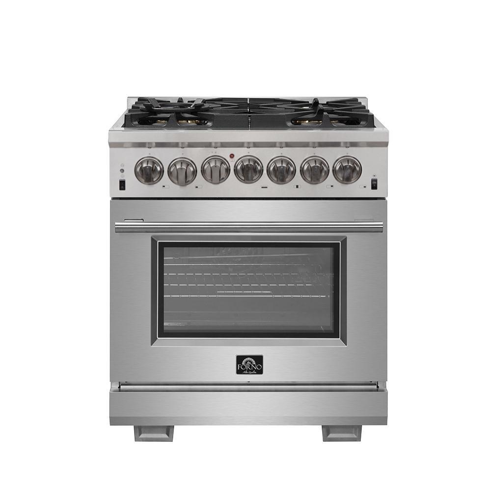 Stainless steel 30-inch dual fuel range with six gas burners and oven door window