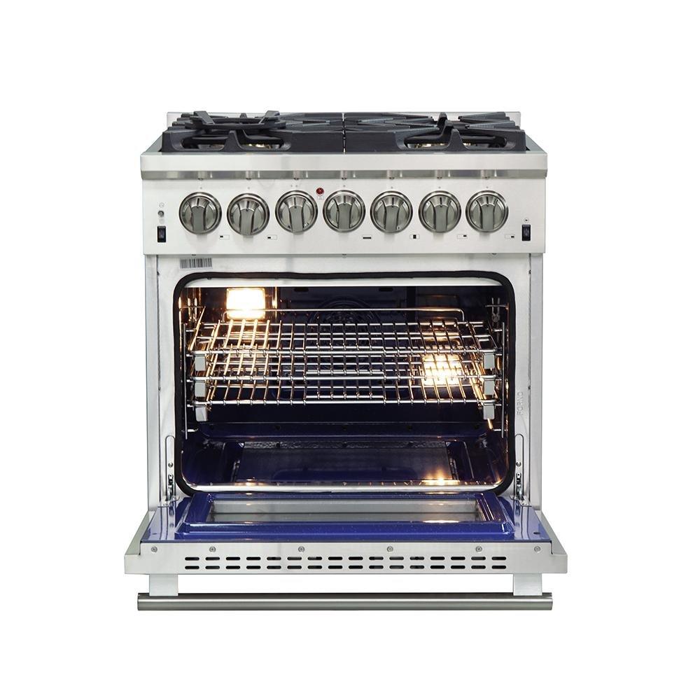 Stainless steel dual fuel range with open oven showing wire racks and burner interior