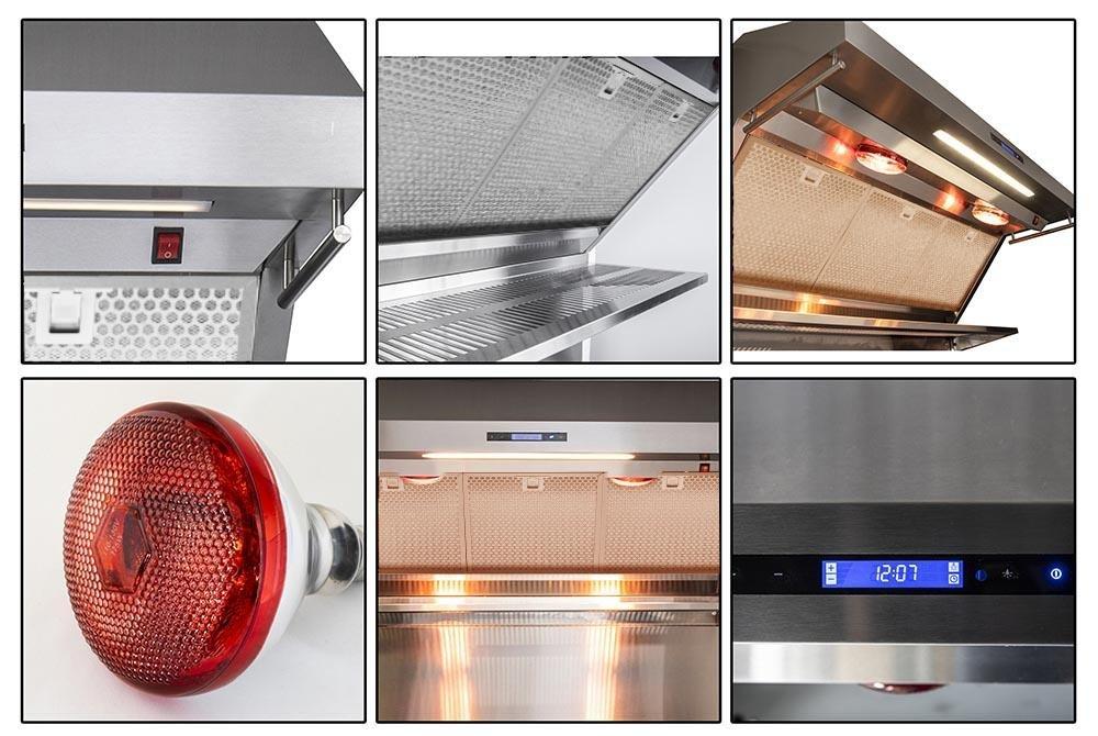 Range hood detail collage: mesh filters, vent surfaces, bright under-hood lights