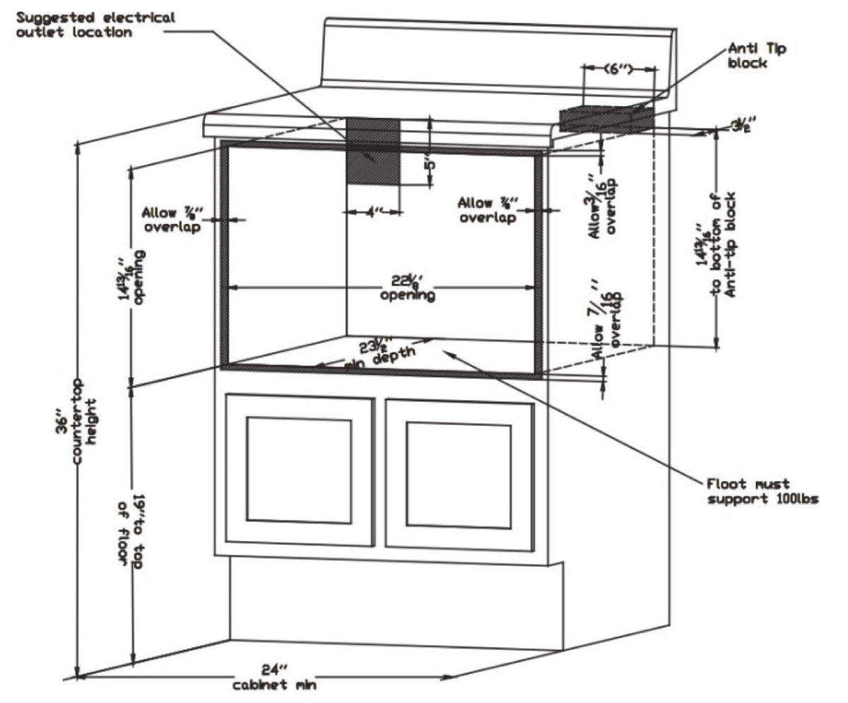 Wall-mount range hood installation diagram with opening and duct dimensions