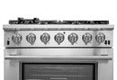 Forno 5-Piece Pro Appliance Package - 36" Gas Range, 36" Refrigerator with Water Dispenser, Wall Mount Hood with Backsplash, Microwave Drawer, & 3-Rack Dishwasher in Stainless Steel Appliance Package Forno 