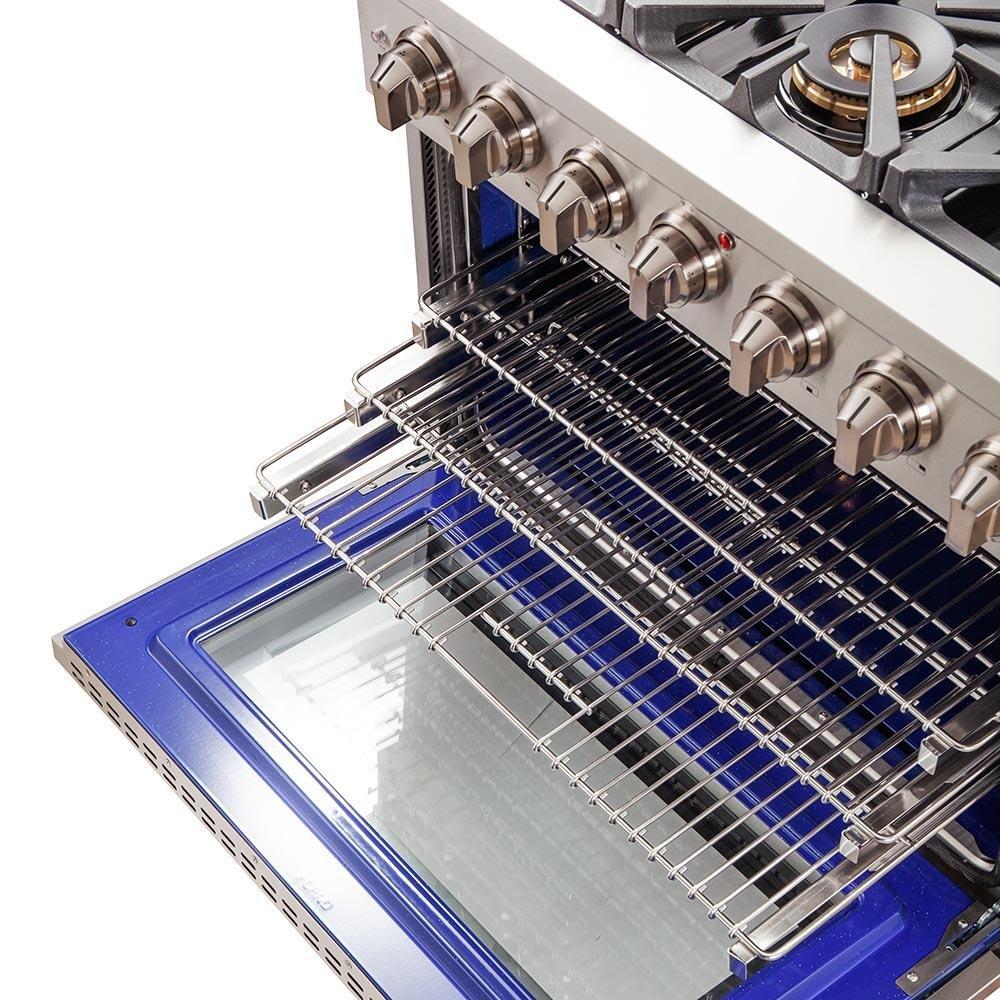 Stainless steel gas range oven with wire racks and four control knobs
