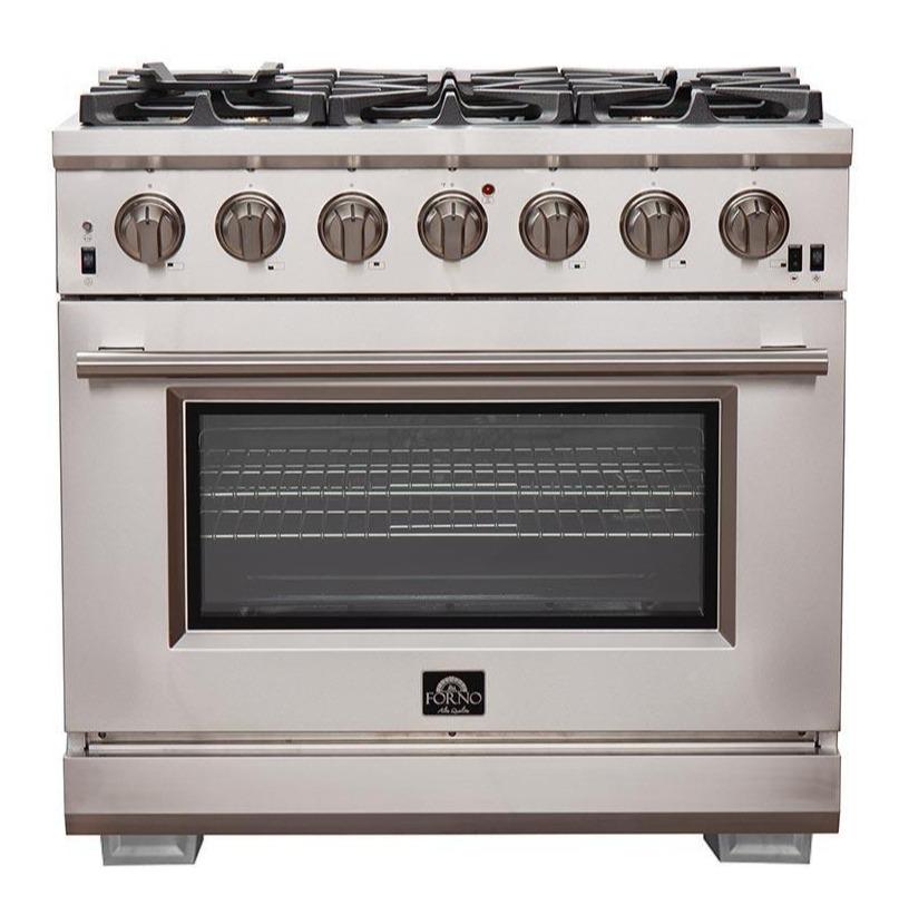 Stainless steel gas range front with knob row and oven door with logo