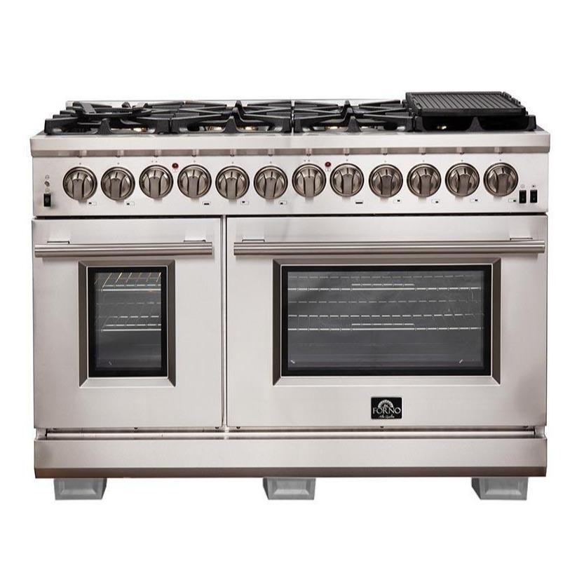 Stainless steel dual fuel range with double oven doors and black glass control panel