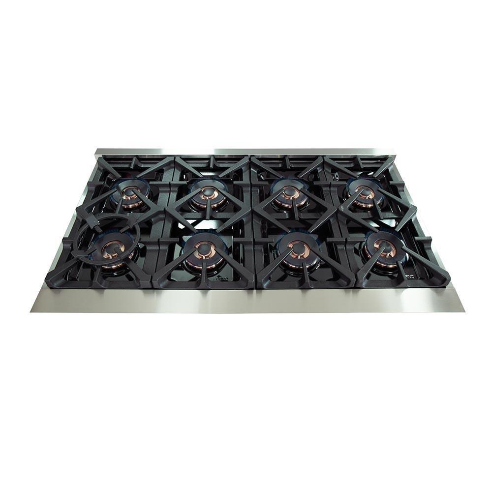 Black gas cooktop burners on stainless steel dual-fuel range