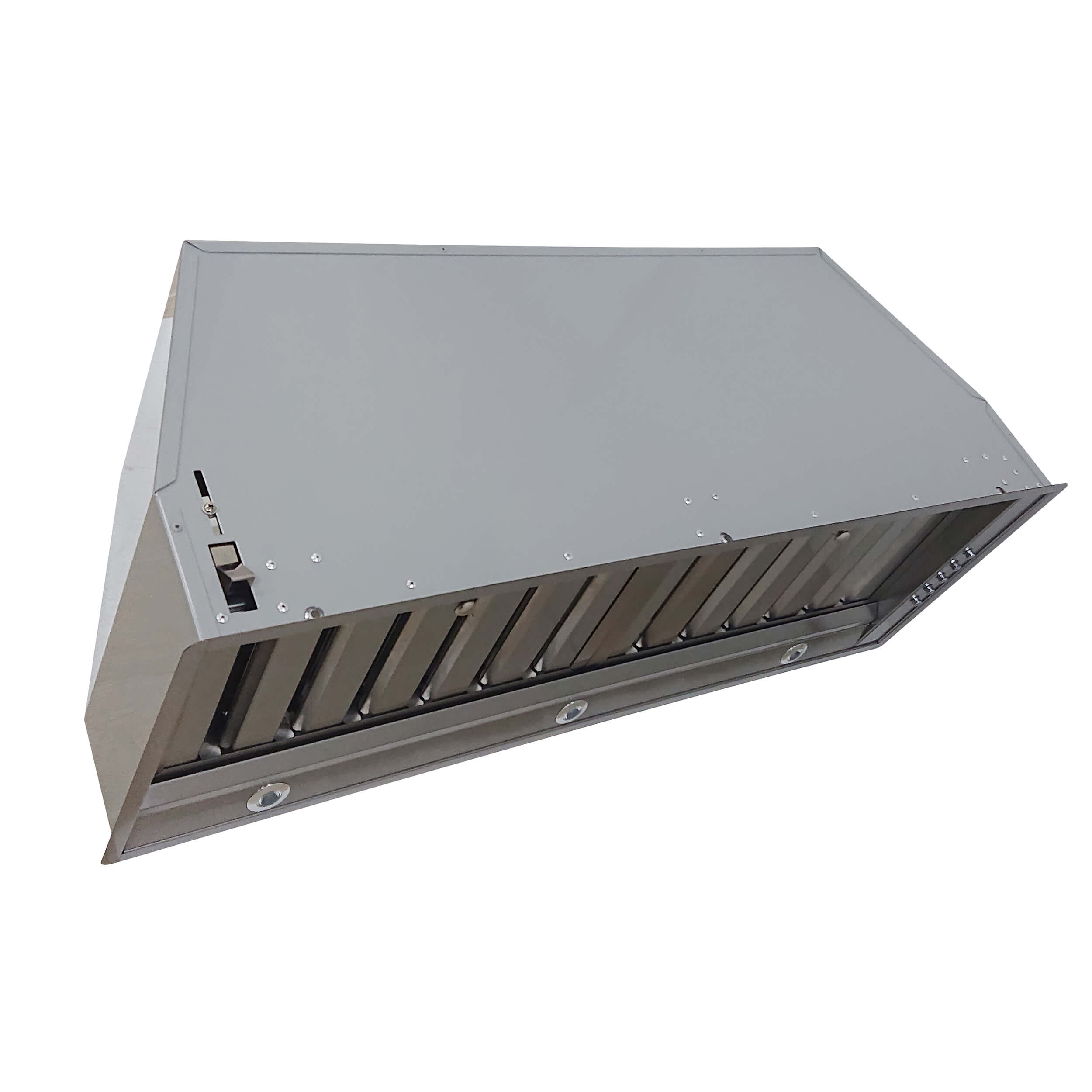 Stainless steel recessed range hood insert, side view with front vent grille
