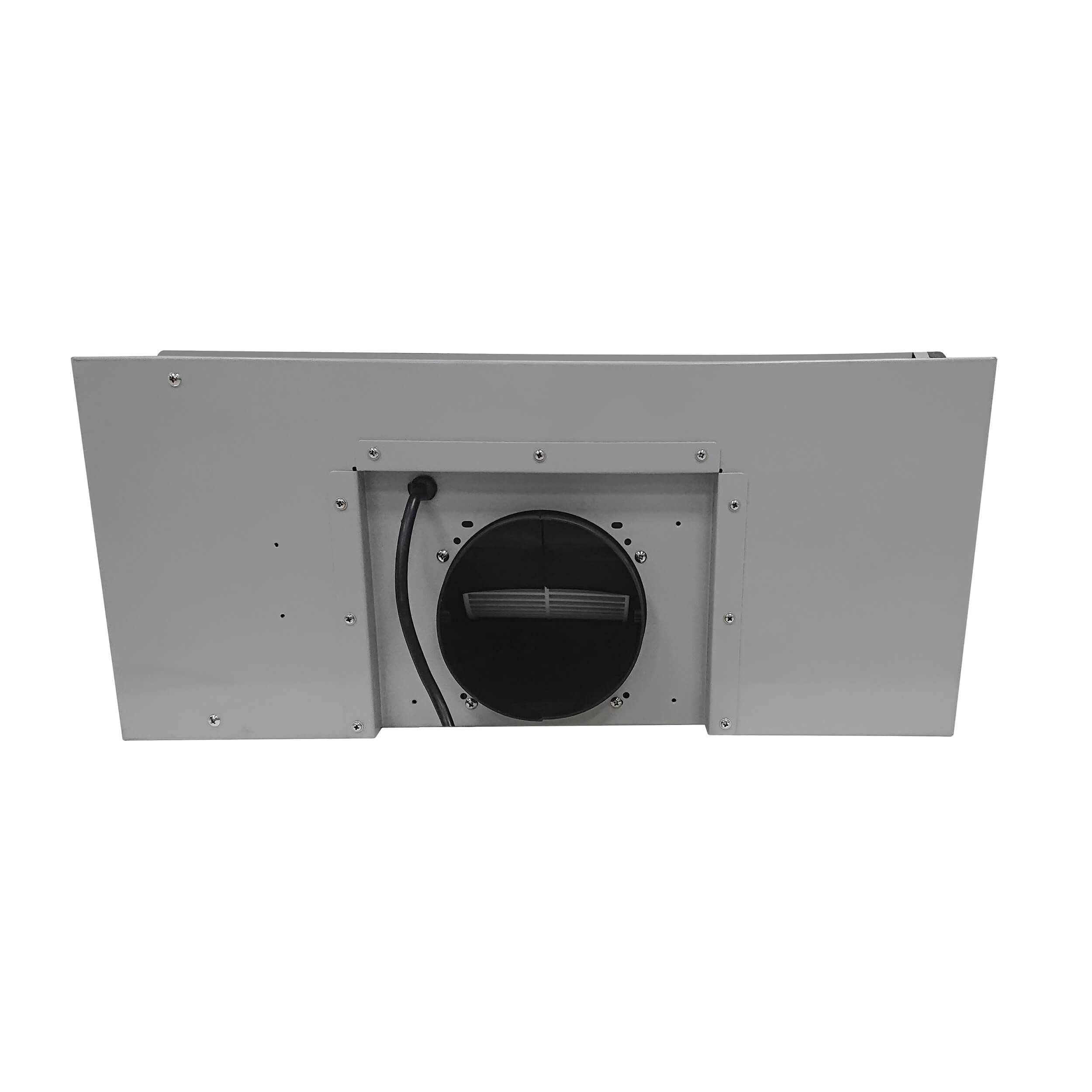 Stainless steel range hood insert rear blower opening with black fan housing