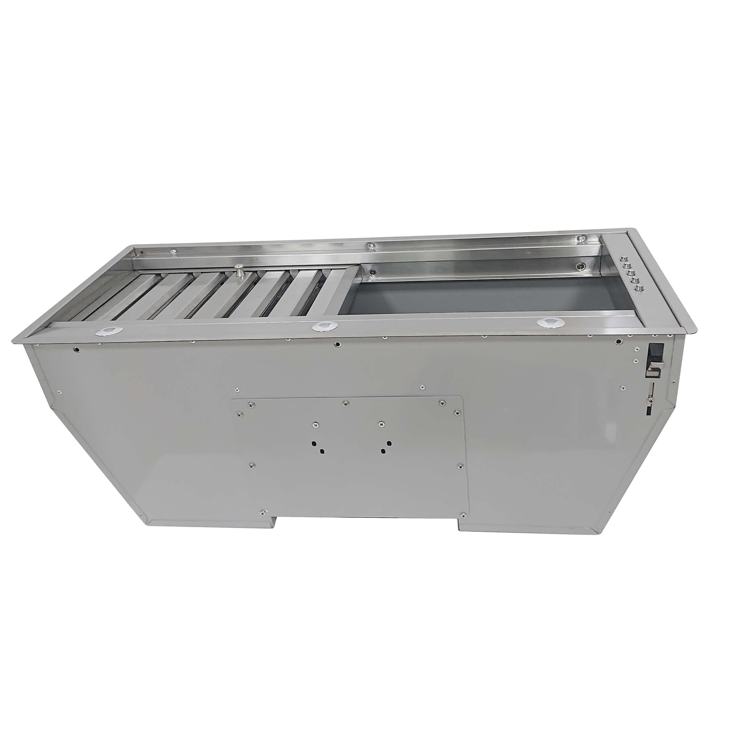 Stainless steel recessed range hood insert underside with vent louvers and access cutouts